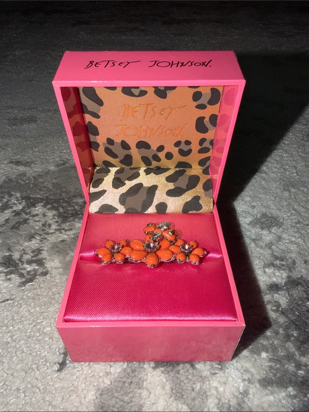 Betsey Johnson Orange Floral Crystal stretch double ring
